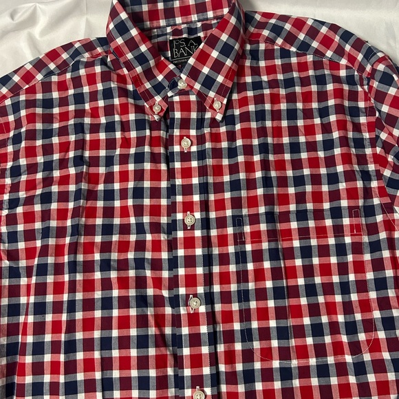 Men’s Jos A Bank Executive Collection Sz Large Red Navy Checkered Dress Shirt - Picture 5 of 11